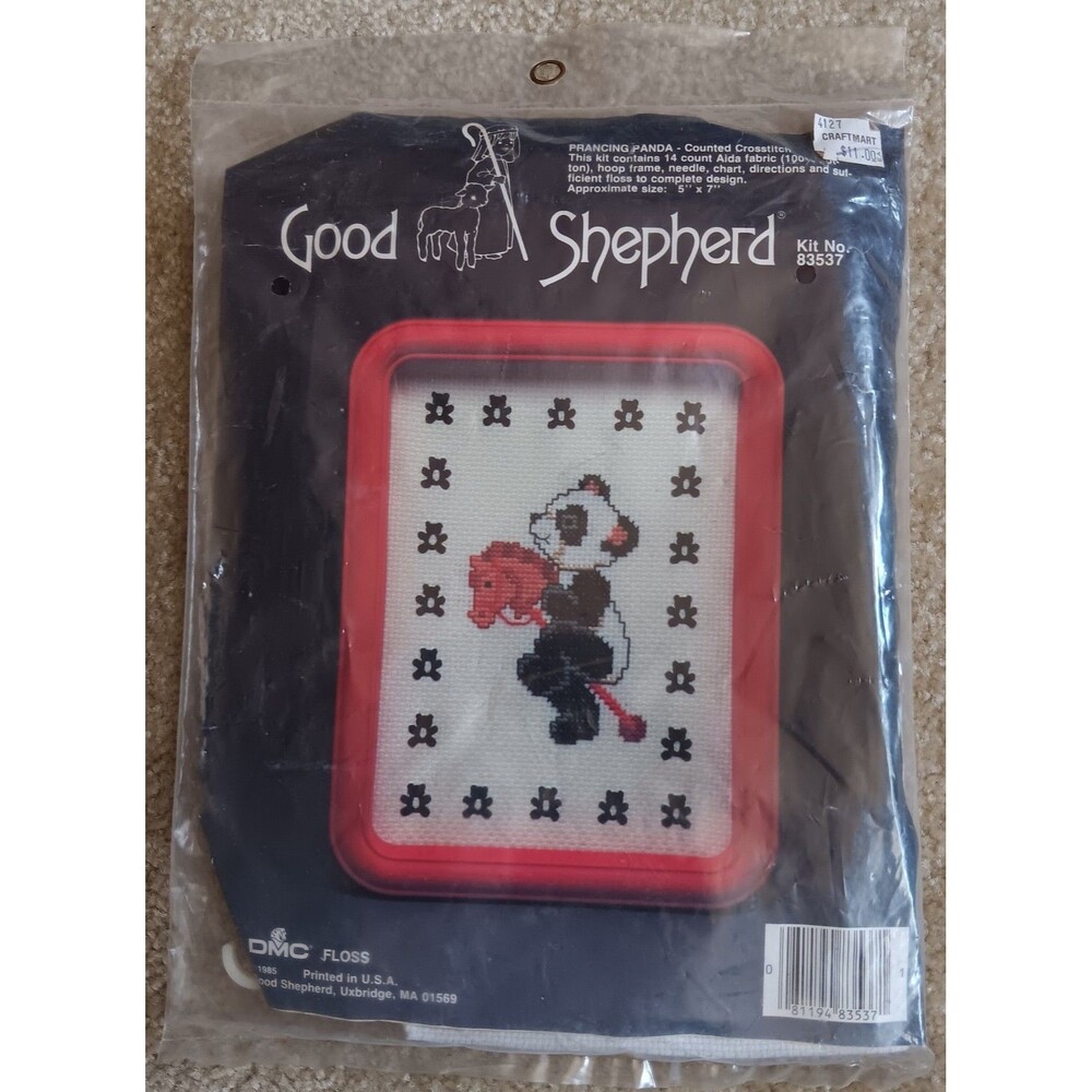 Vintage Good Shepherd Prancing Panda Counted Cross Stitch Kit  #83537 5x7 NEW